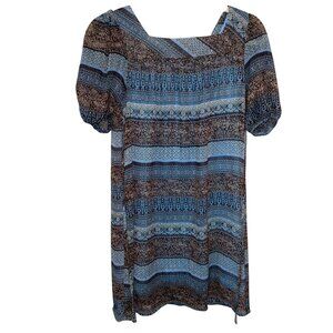Kandy Kiss Girls Bohemian Short Sleeve Dress, Square Neck & Blue/Brown  Size L